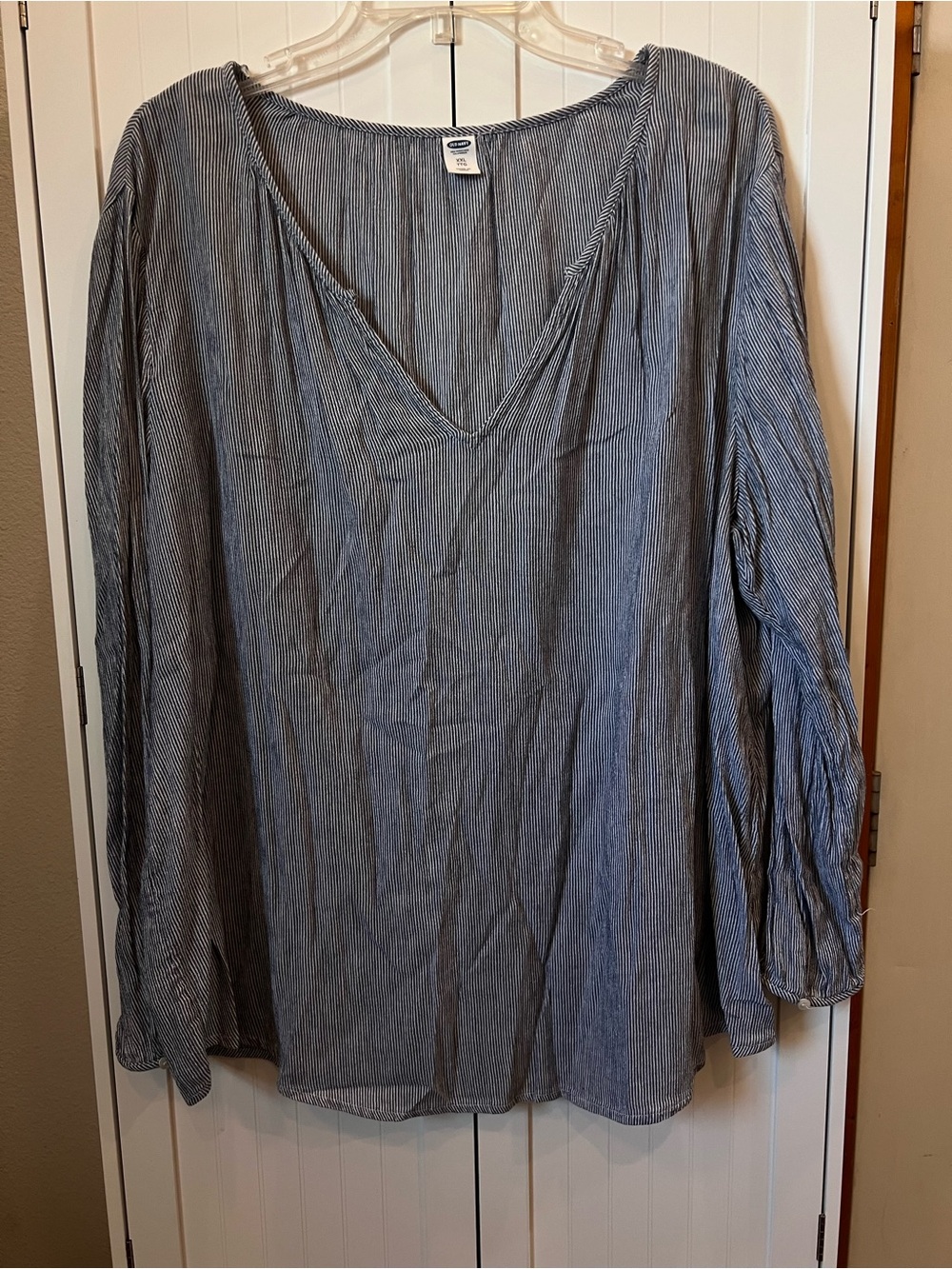 Old Navy Blue and White Pinstripe V-Neck Tunic Top